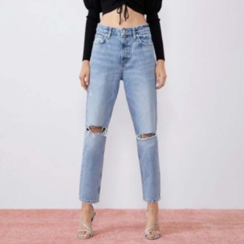 Zara Ripped Mom Jeans Light Wash High Waist Distressed Straight Leg Denim Size 2 - Picture 2 of 13